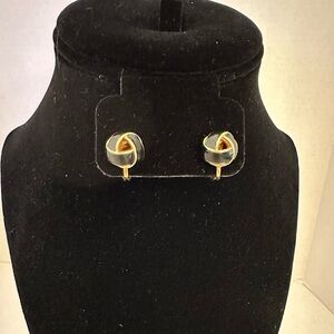 Monet black enamel on gold tone knot earrings clip on